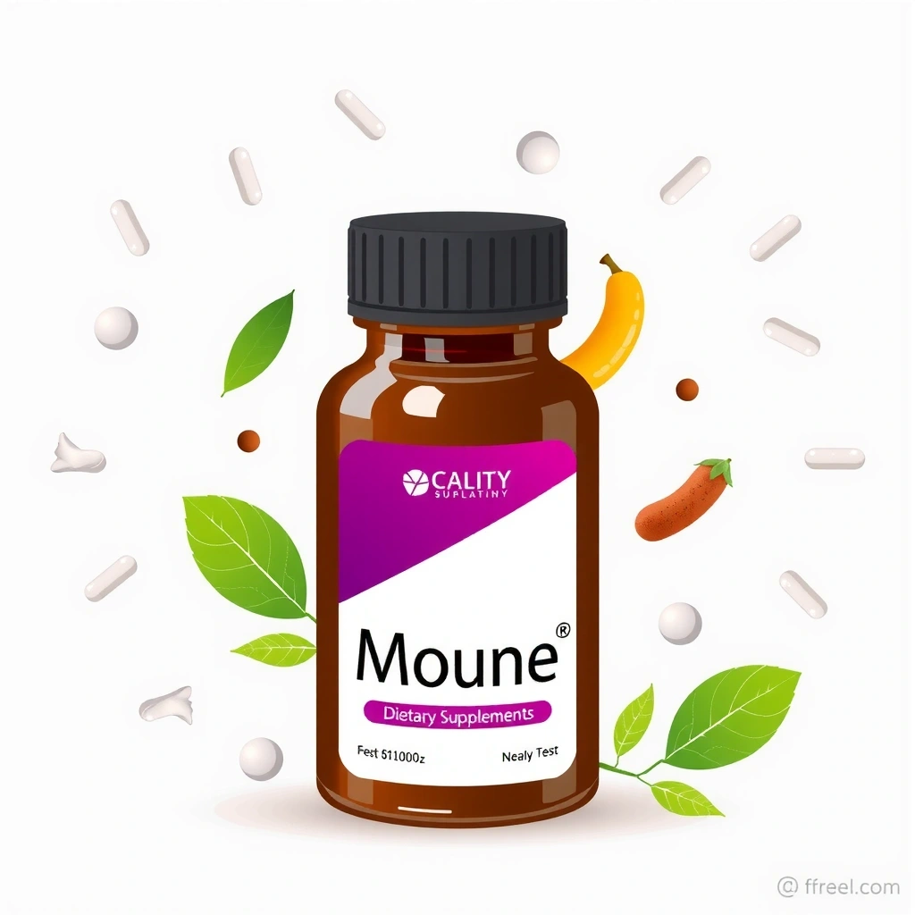 Ilustrație a unei sticle de suplimente alimentare cu o etichetă curată și elemente de design modern, reprezentând suplimente de calitate.