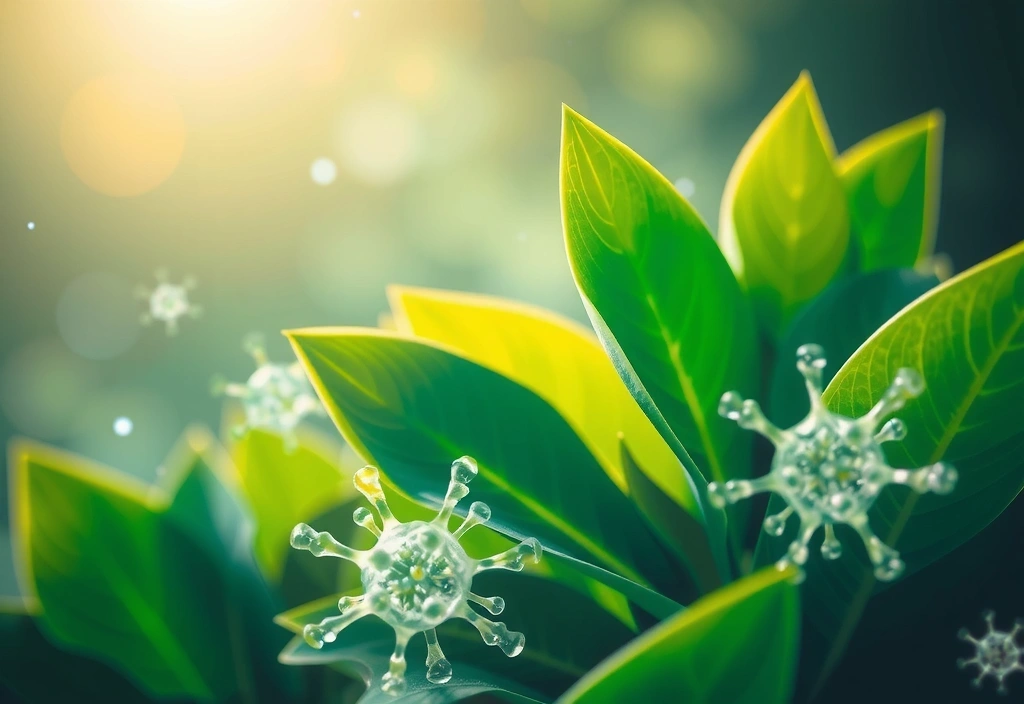 Ilustrație cu frunze verzi și elemente abstracte de sănătate