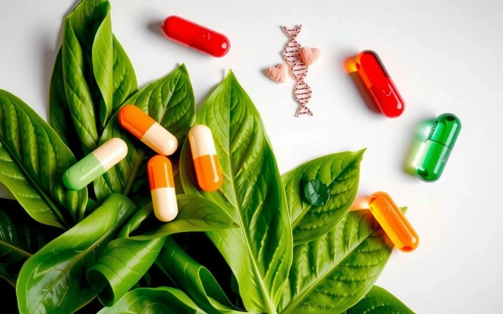 Imagine abstractă cu plante, vitamine și elemente de sănătate care simbolizează vitalitatea