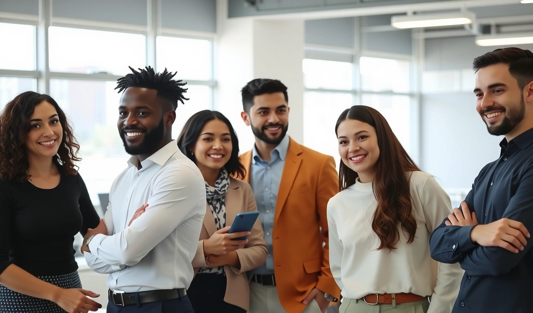 Imagine cu o echipă zâmbitoare care lucrează într-un birou modern, simbolizând suportul clienților
