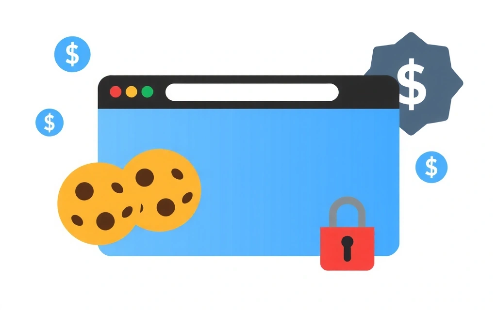 Ilustrație a unui browser web cu simboluri de cookie și date, reprezentând confidențialitatea online.