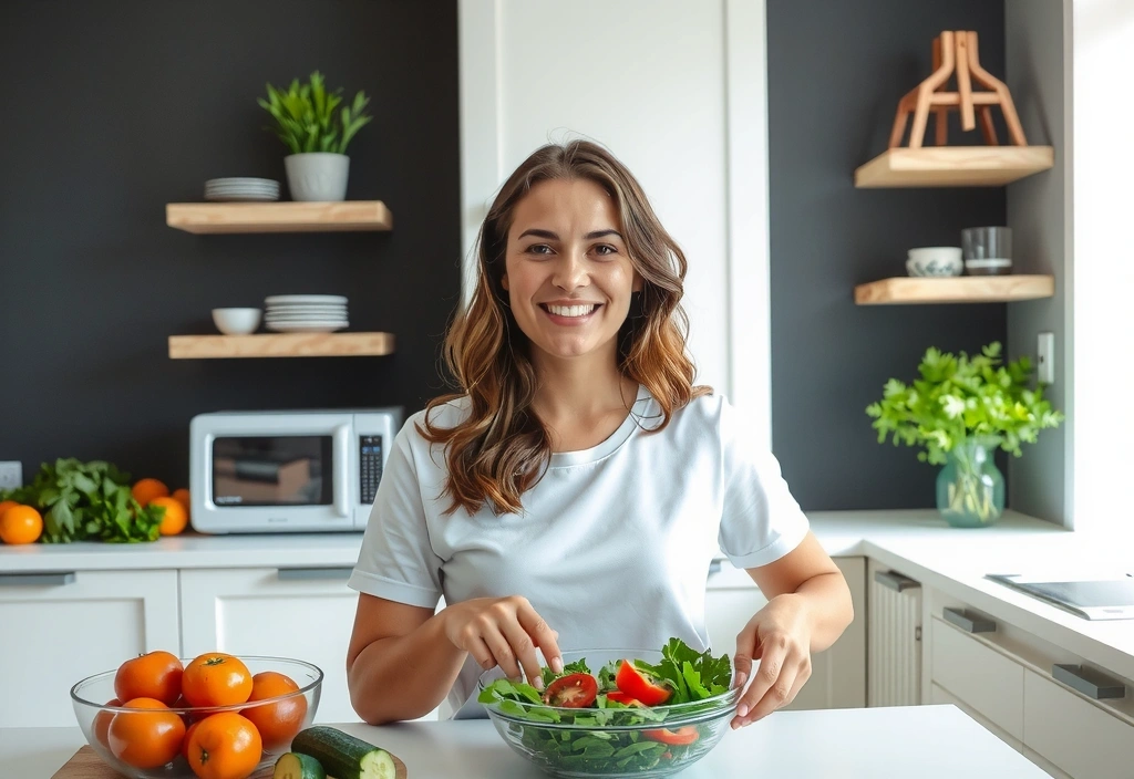 Femeie zâmbind în timp ce pregătește o salată proaspătă și colorată