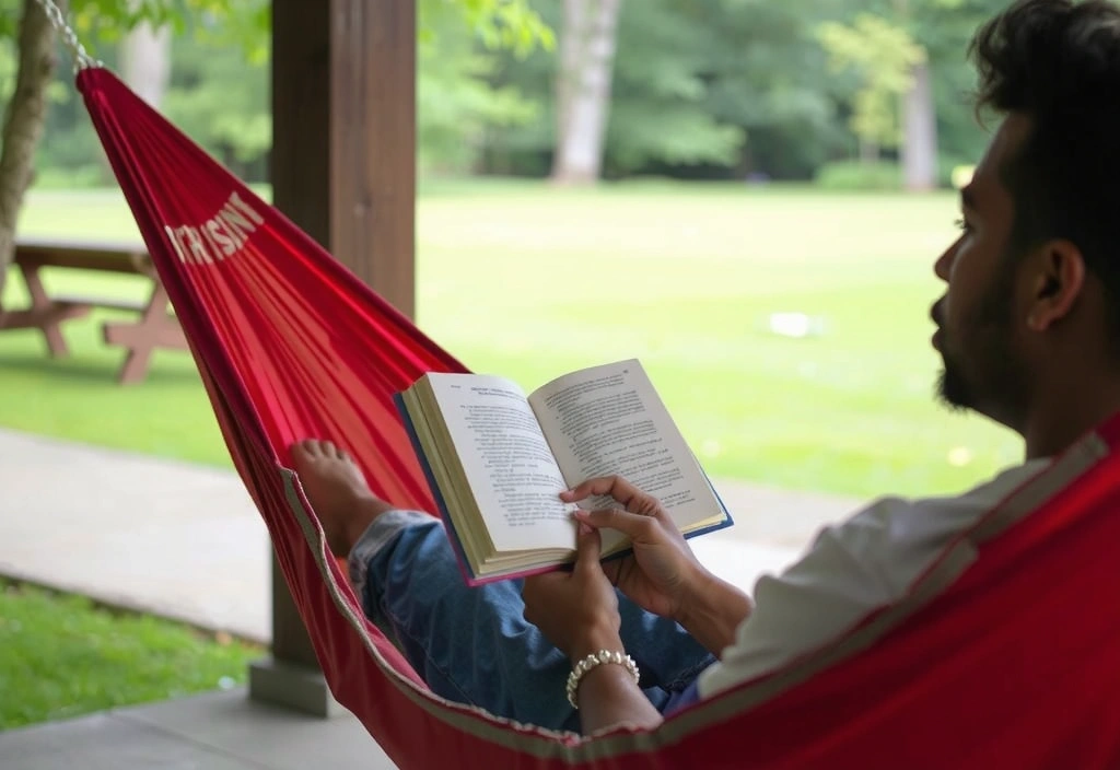 O persoană citind o carte într-un hamac, într-un cadru liniștit în natură